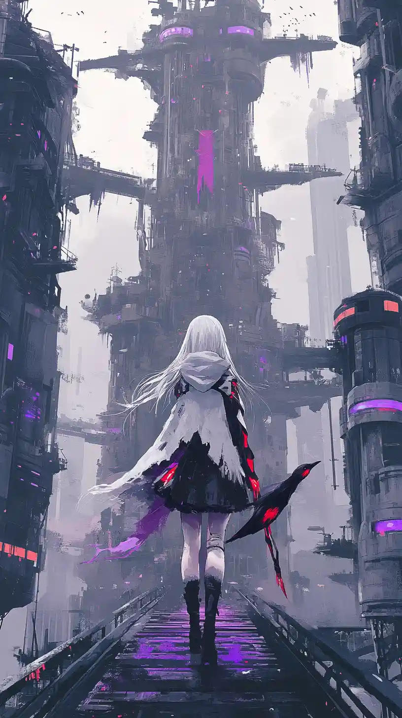 Anime girl with scythe crossing bridge to ruined fantasy castle