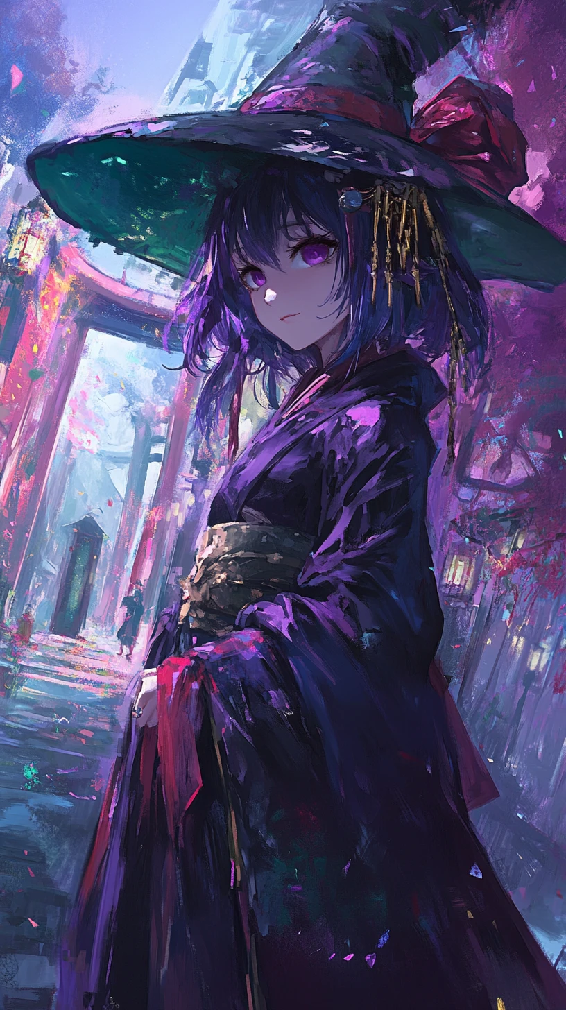 Joyful anime girl at a magical halloween street party