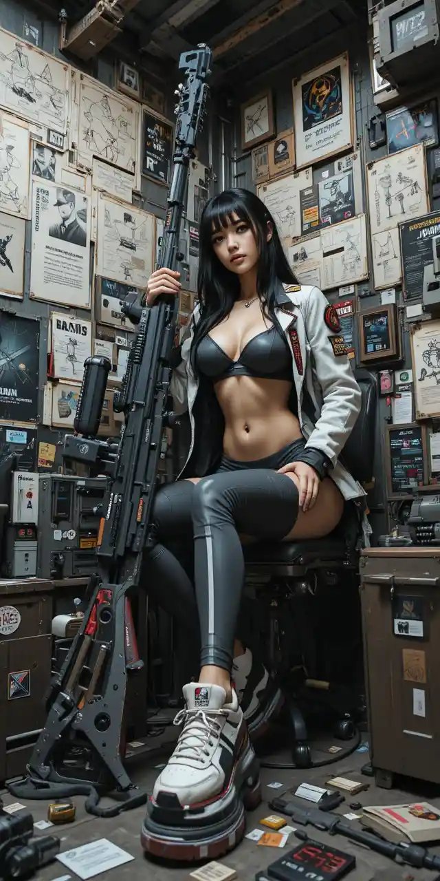 Mercenary woman lounging with a massive guitar rifle