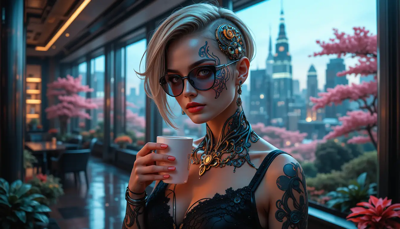 Tattooed woman with coffee in a moody library portrait