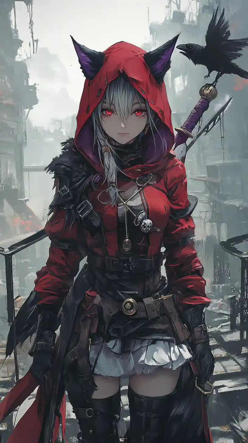 Anime girl with halberd crossing bridge to ruined fantasy castle