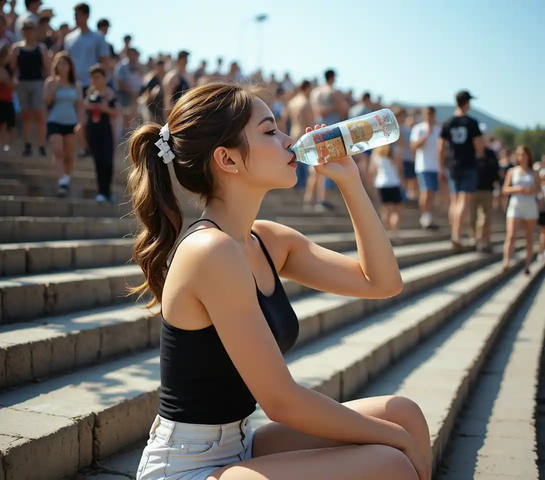 Young woman drinking water on sunny stone steps outdoors