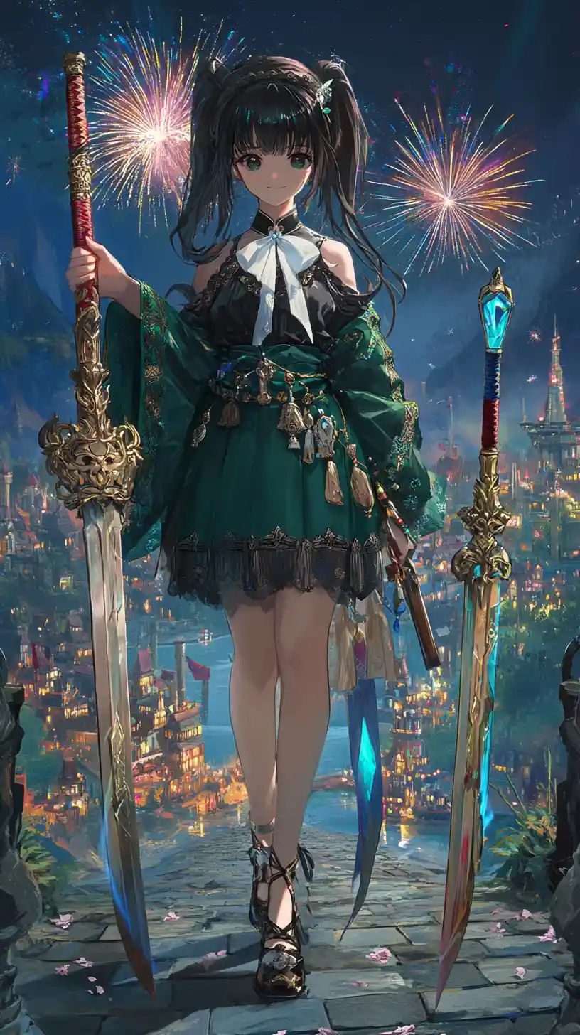Anime girl attacking with ornate knife amid fireworks