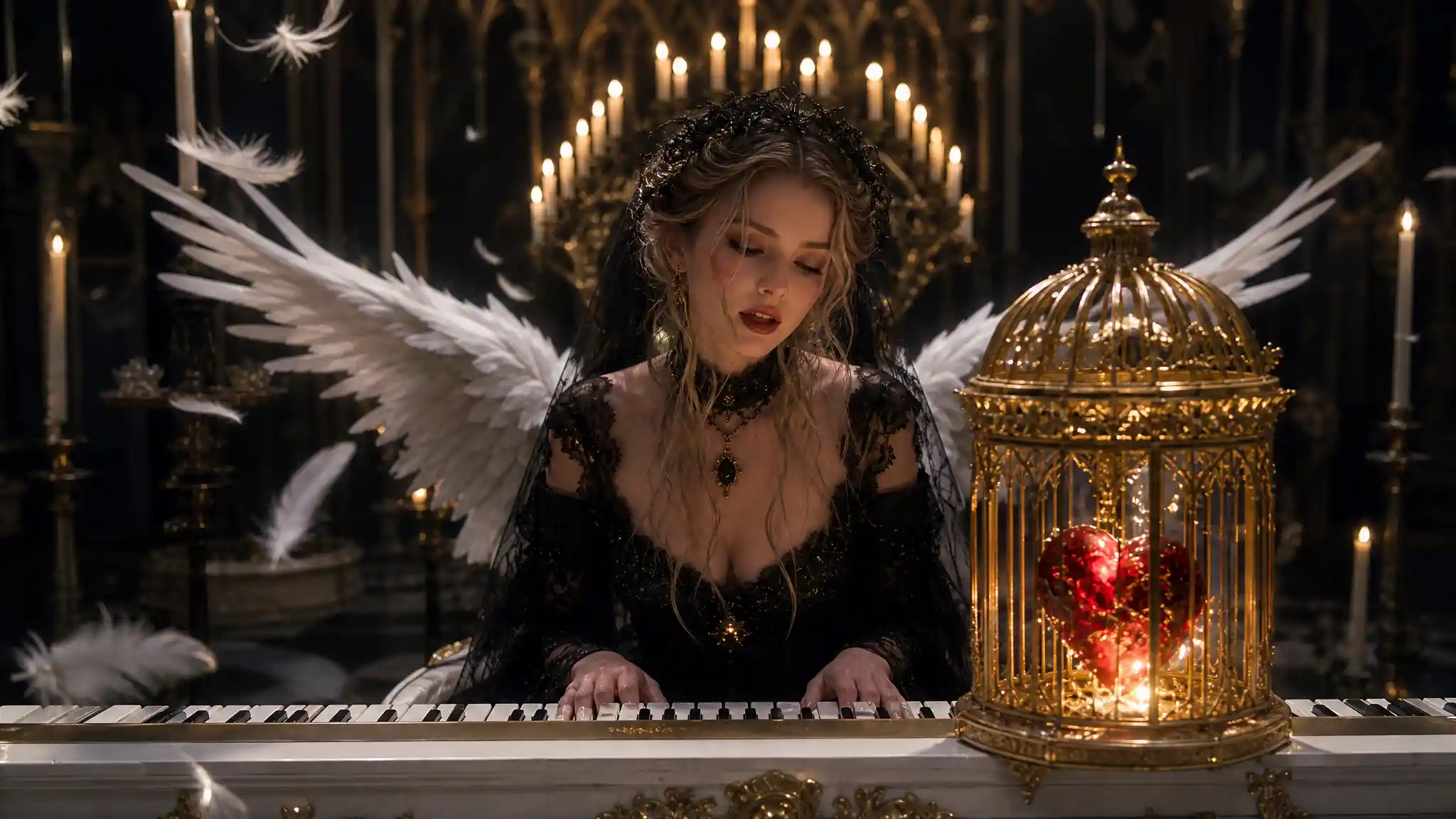Gothic woman singing at white piano in dark cathedral