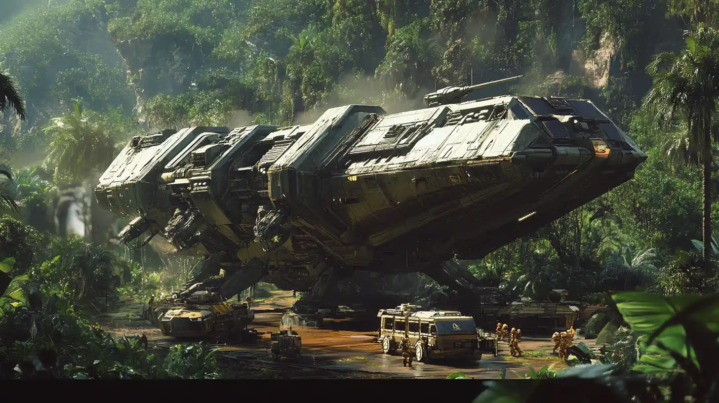 Gigantic alien supply ship unloading a modular jungle outpost