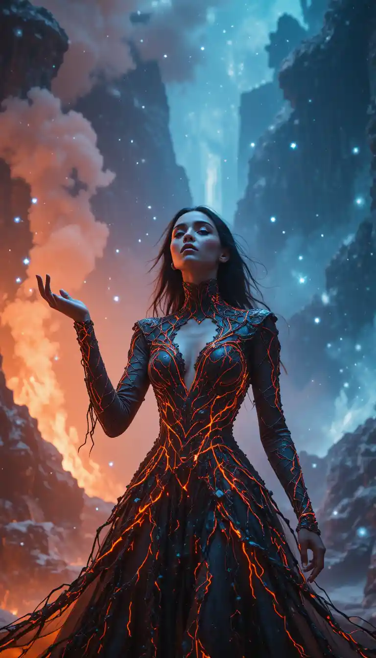 Woman Between Lava Realm And Endless Snowstorm
