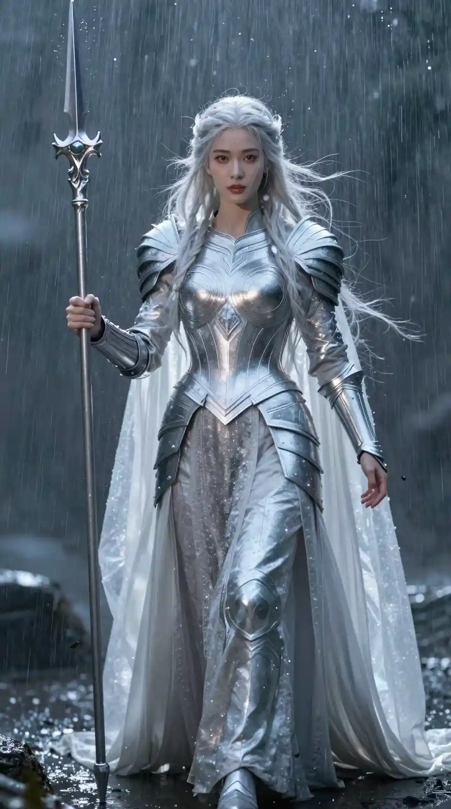 Celestial valkyrie descending through rain with holy spear