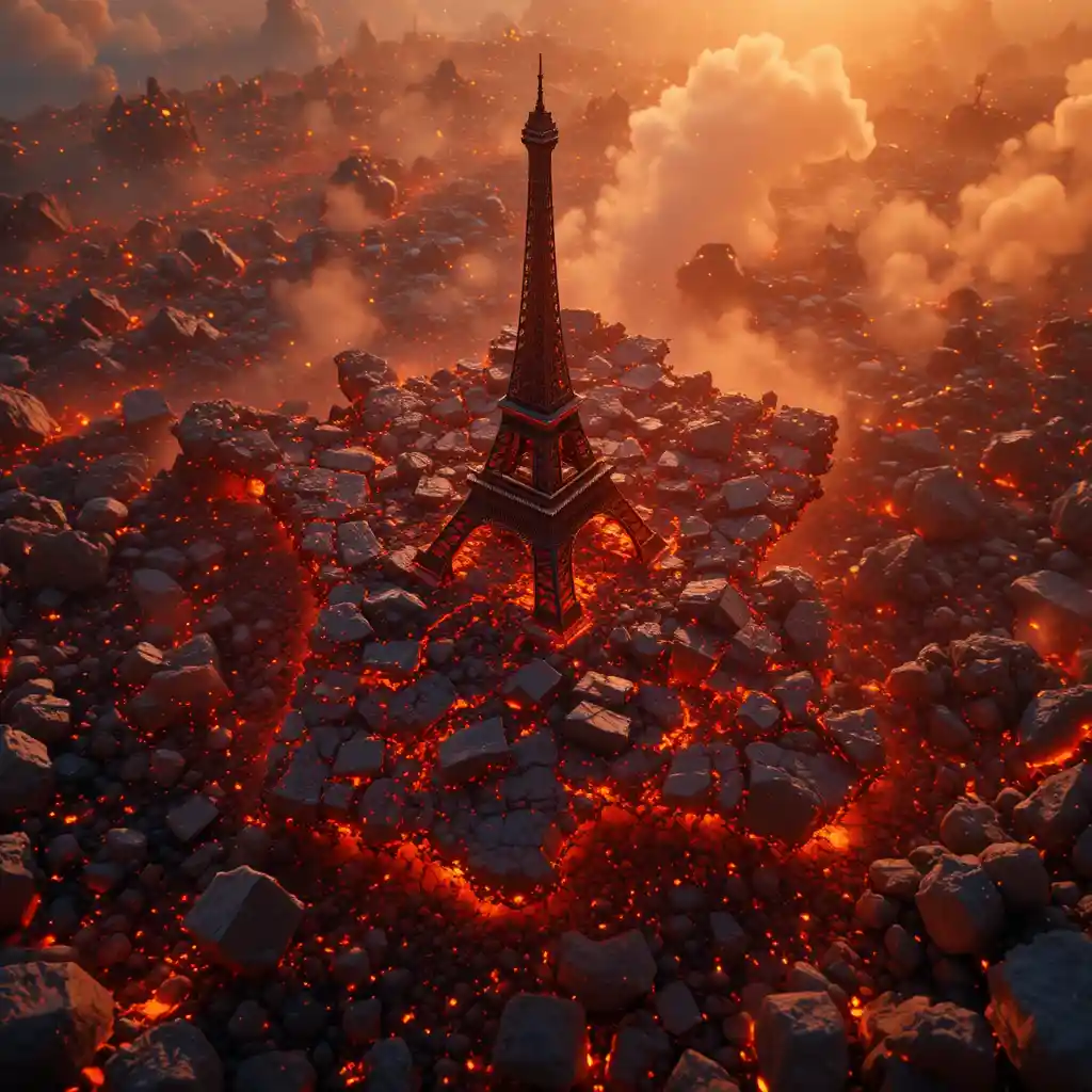 Dramatic 3D Eiffel Tower Rising From Burning Map Of France