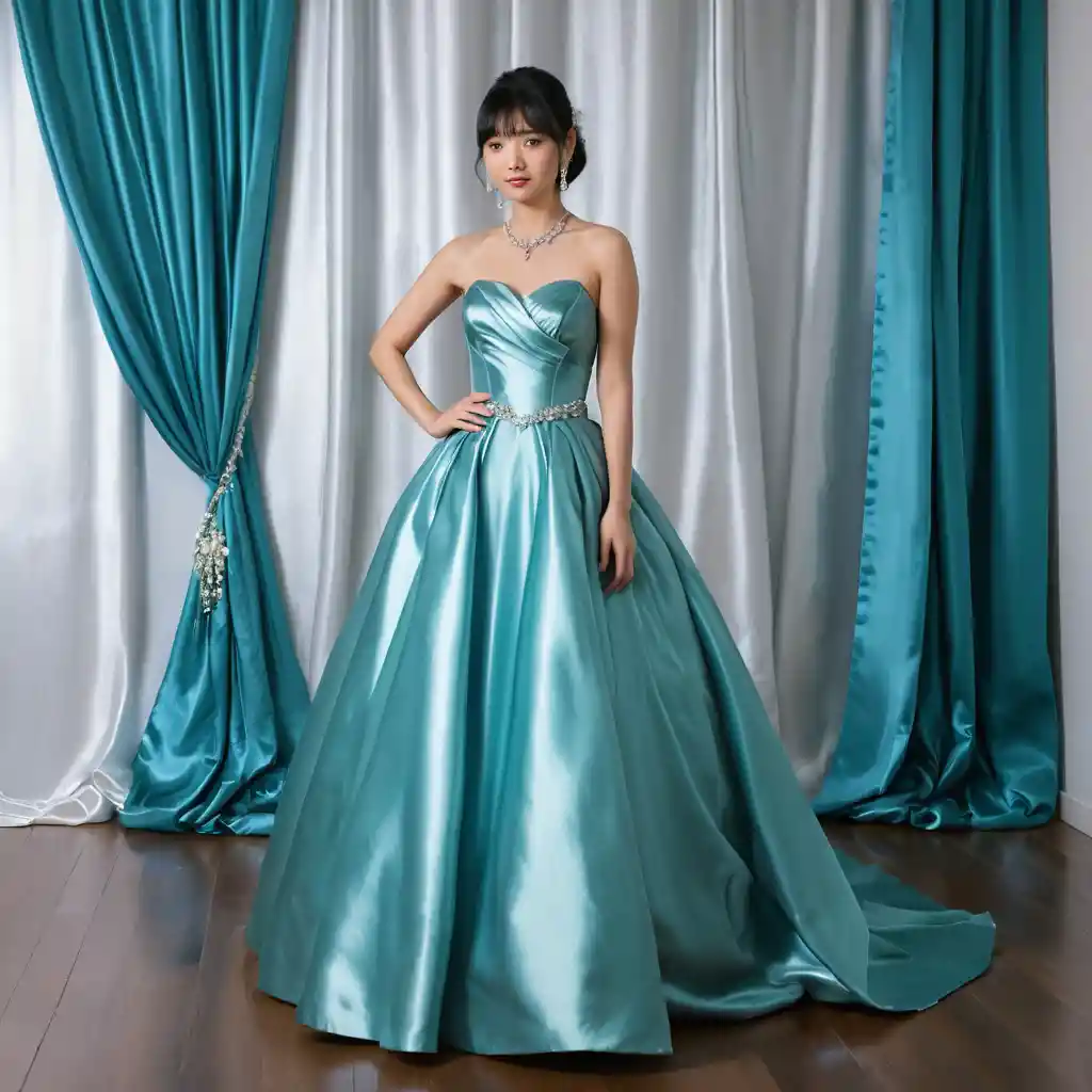 Young woman in bright satin ballgown in elegant room
