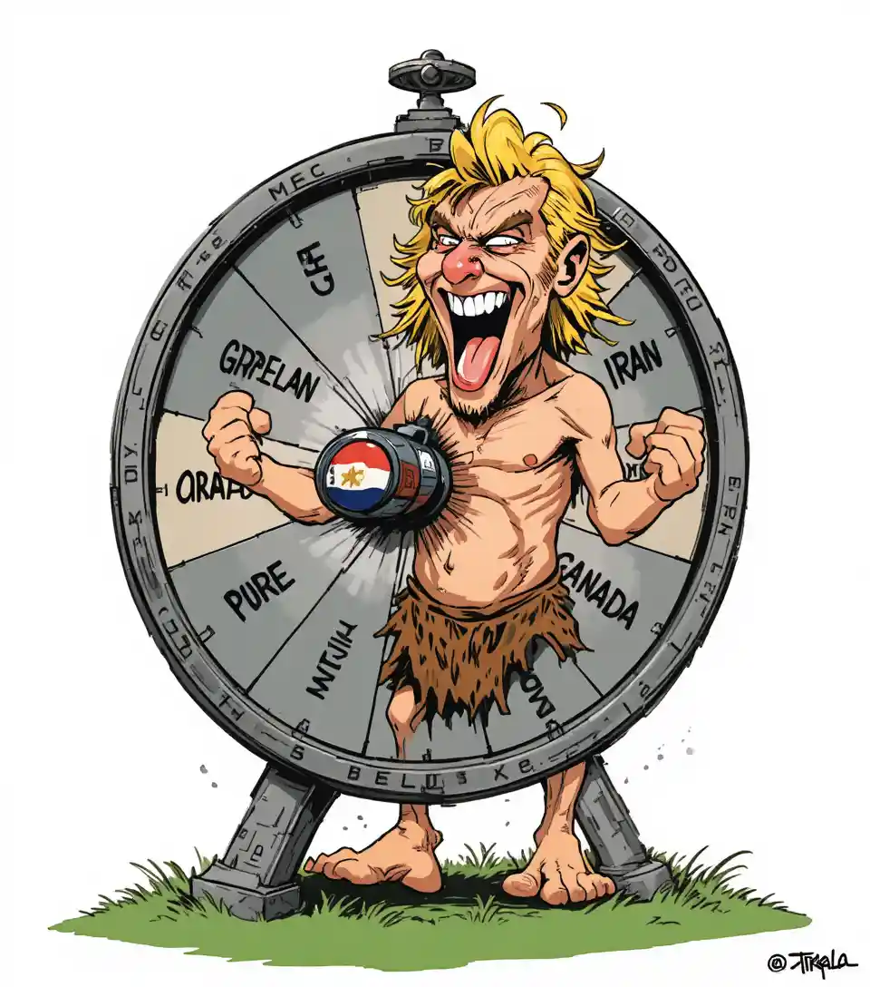 Cartoon caveman leader spinning a dangerous world fortune wheel