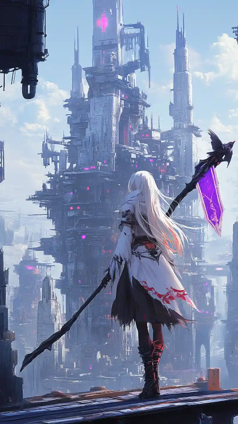 Anime girl with scythe crossing bridge to ruined fantasy castle