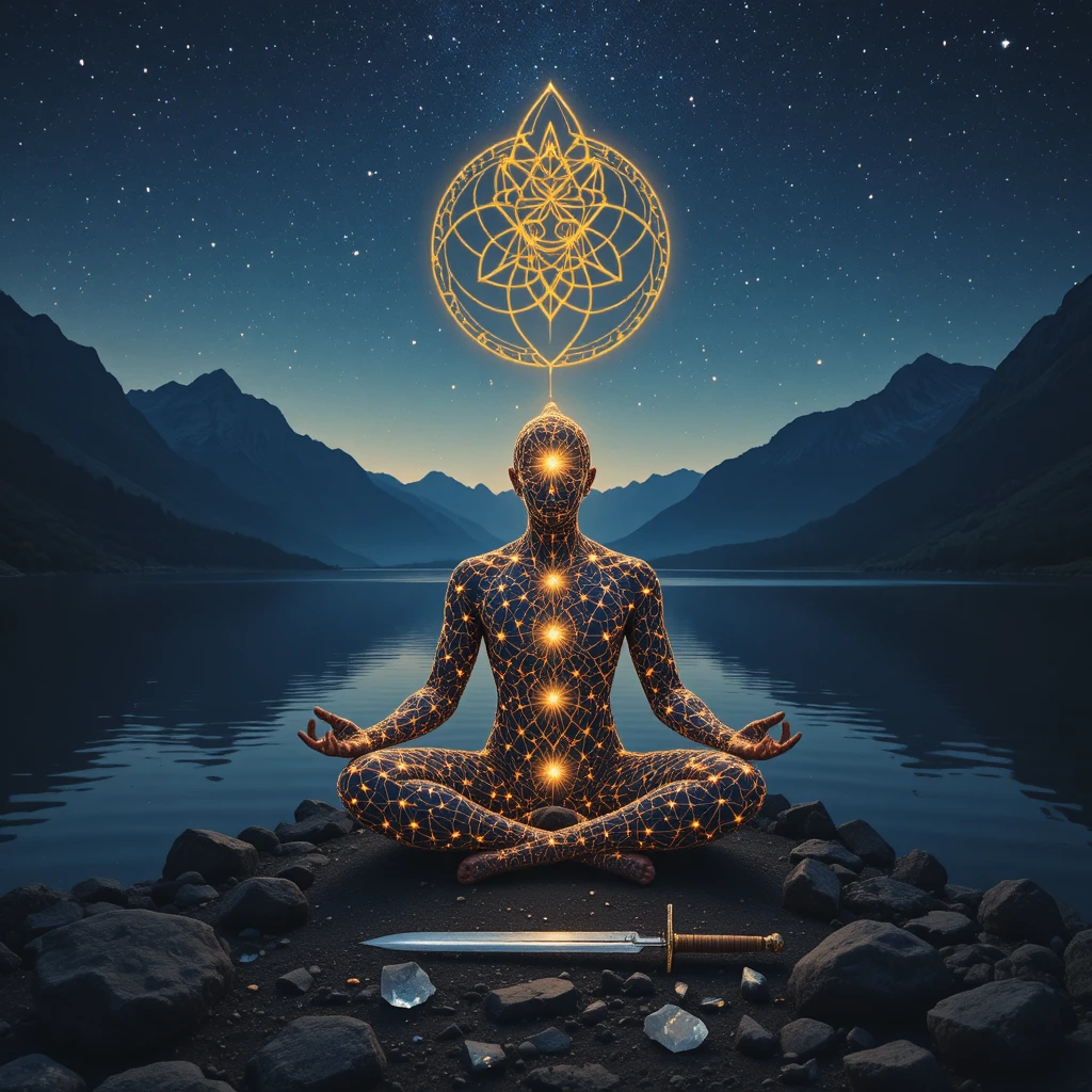 Star filled figure meditating by a tranquil mountain lake