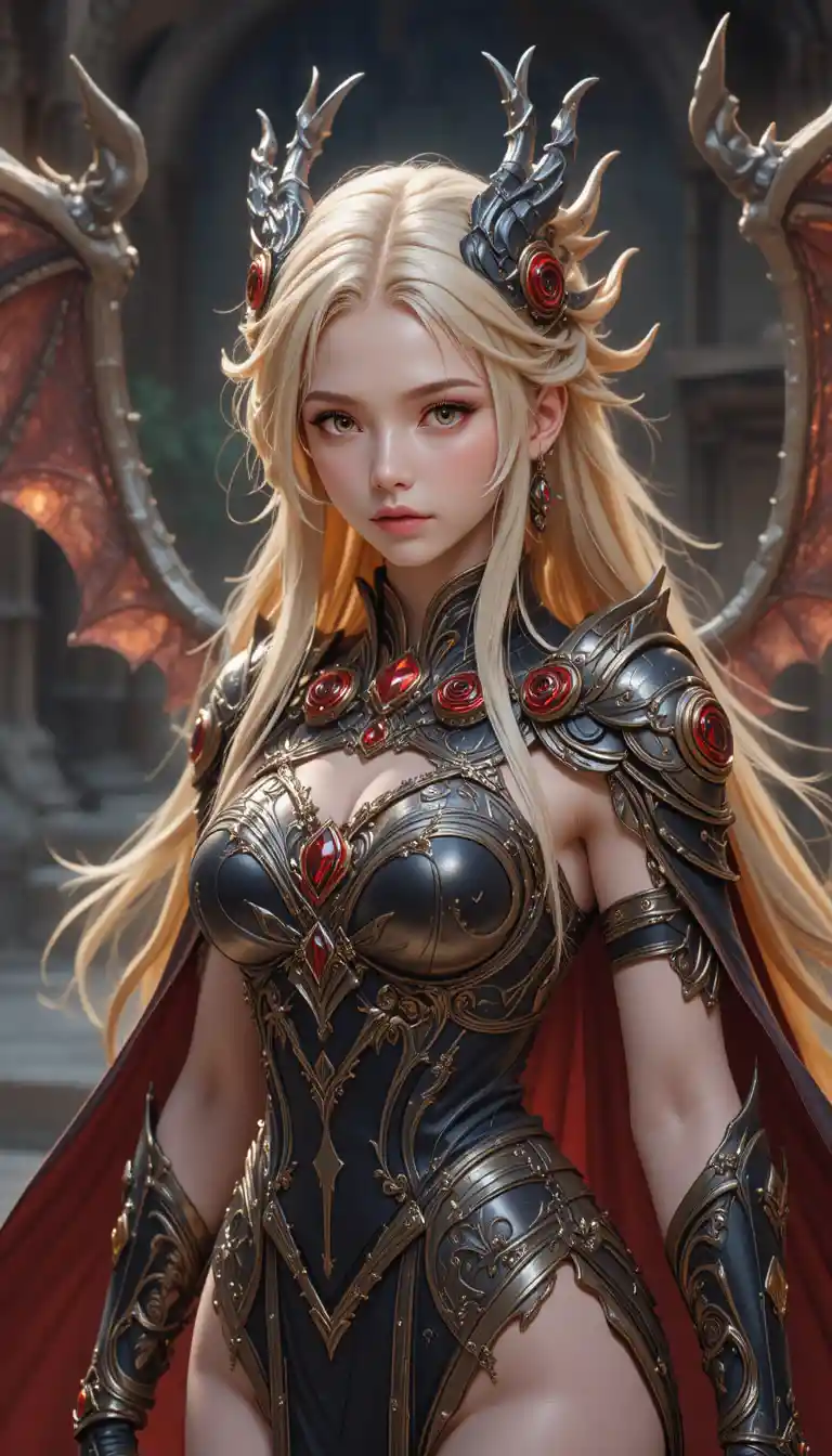 Regal dragon horned anime warrior woman in ornate armor