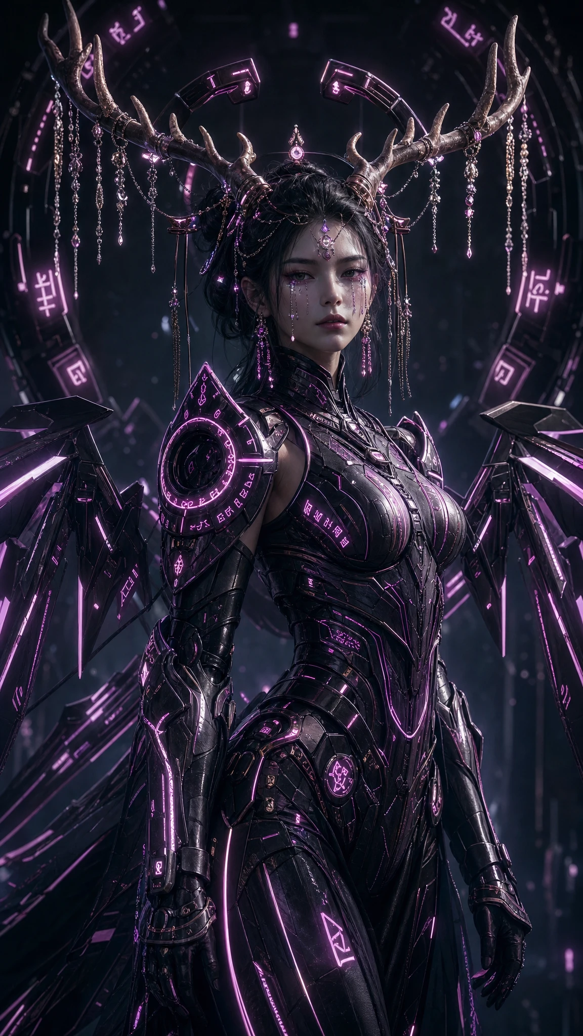 Cyberpunk antlered woman in glowing neon armor suit