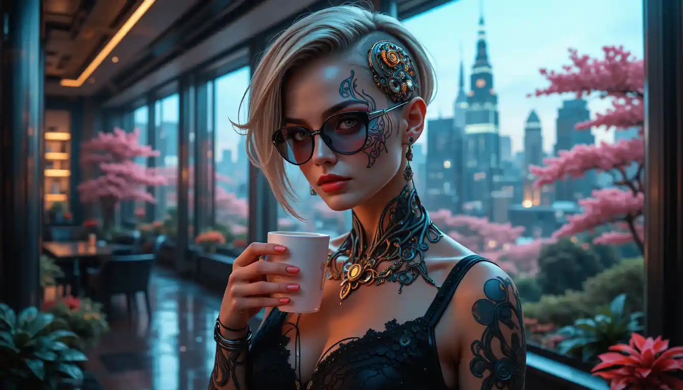 Donna tatuata con caffè in un ritratto di biblioteca dall’atmosfera intensa