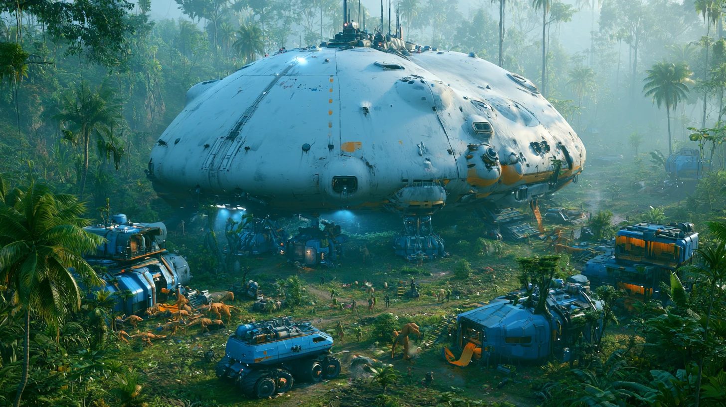 Alien supply ship unloading an outpost on jungle planet