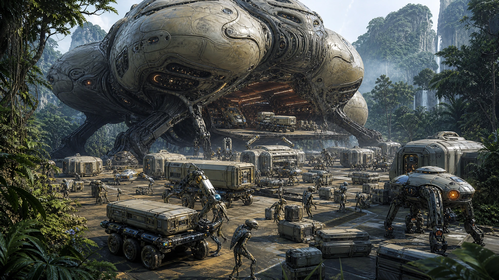Colossal Alien Supply Ship Landing On A Jungle Planet
