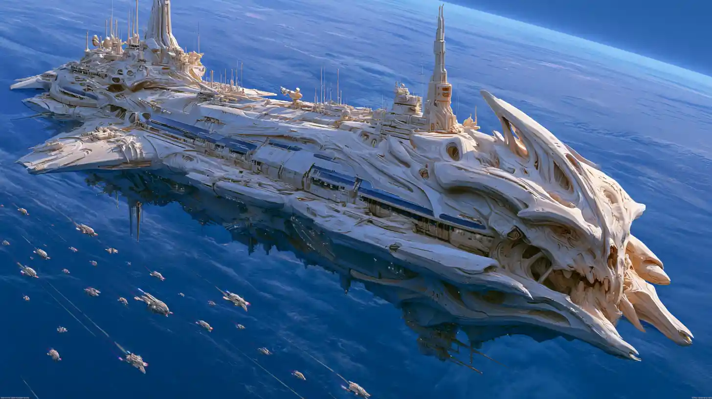 Colossal alien command ship leading invasion above blue planet