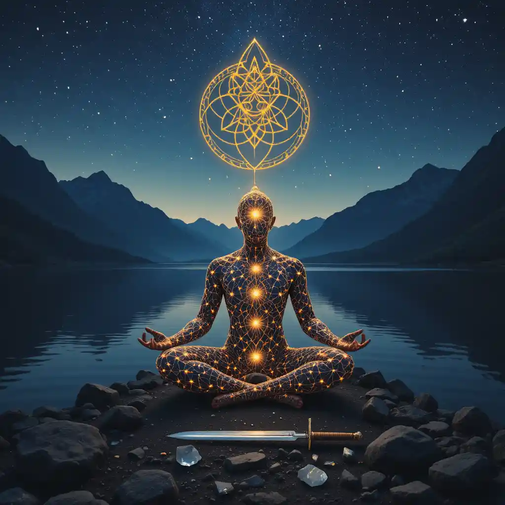 Star filled figure meditating by a tranquil mountain lake