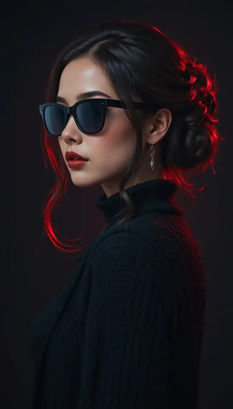 Cinematic portrait of woman in black sunglasses and sweater