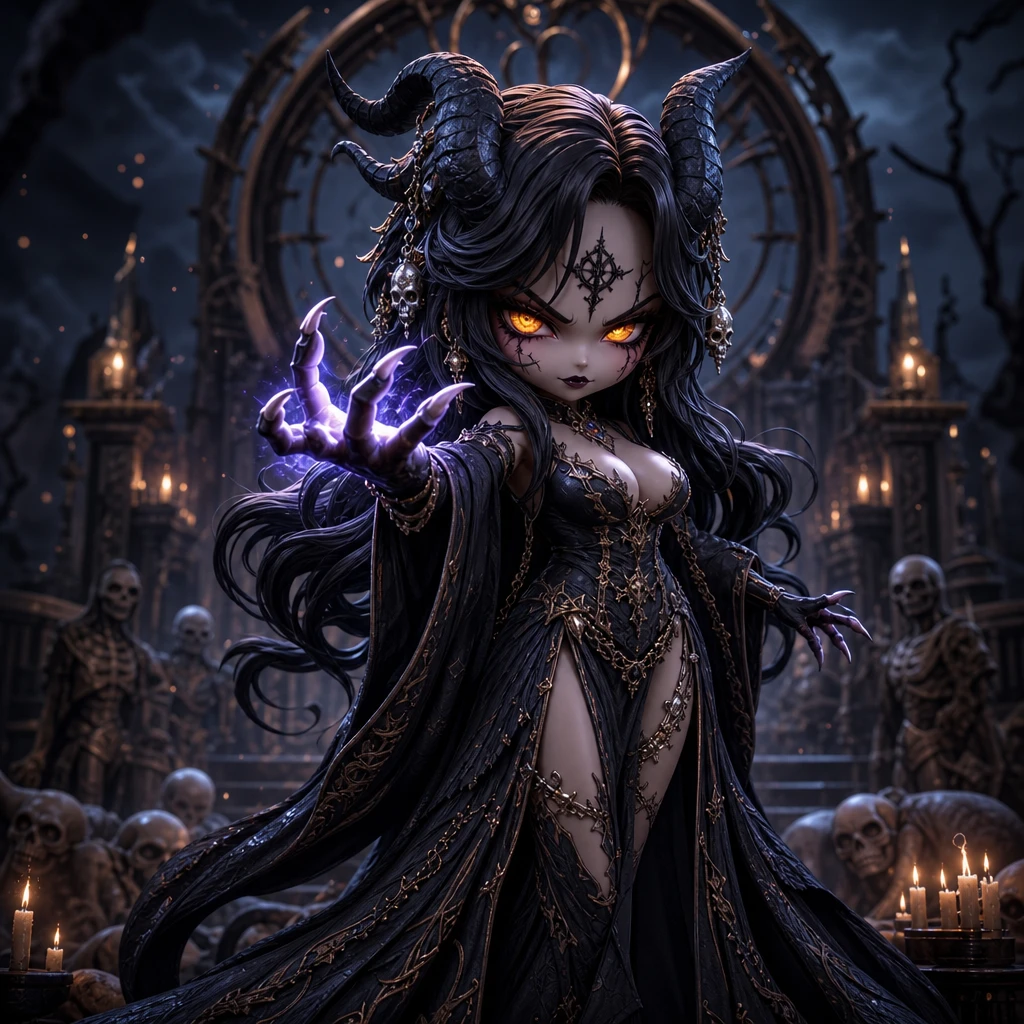 Dea della morte lich chibi con occhi luminosi e artigli