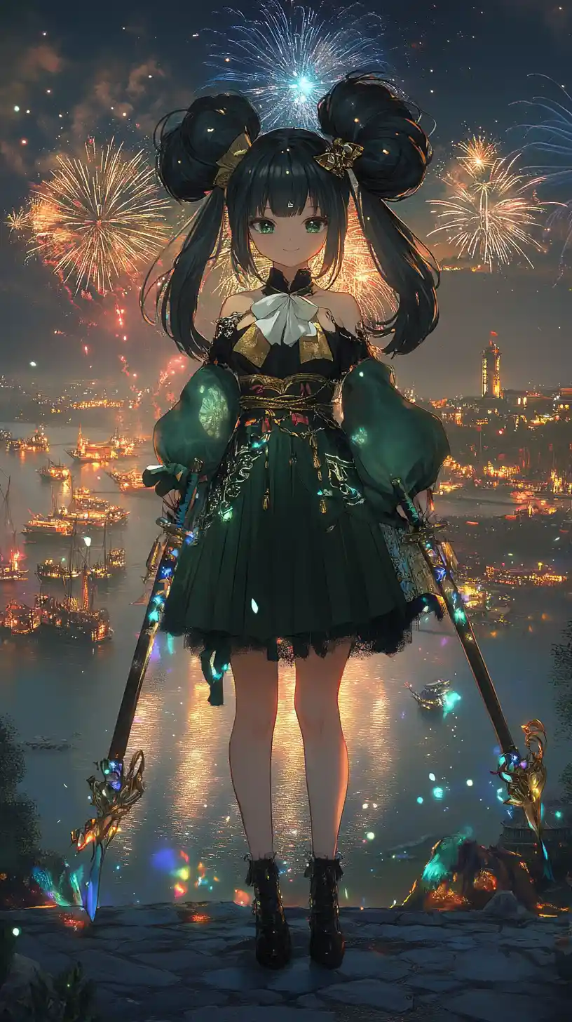 Ragazza anime che posa con coltello ornato sotto i fuochi d'artificio notturni