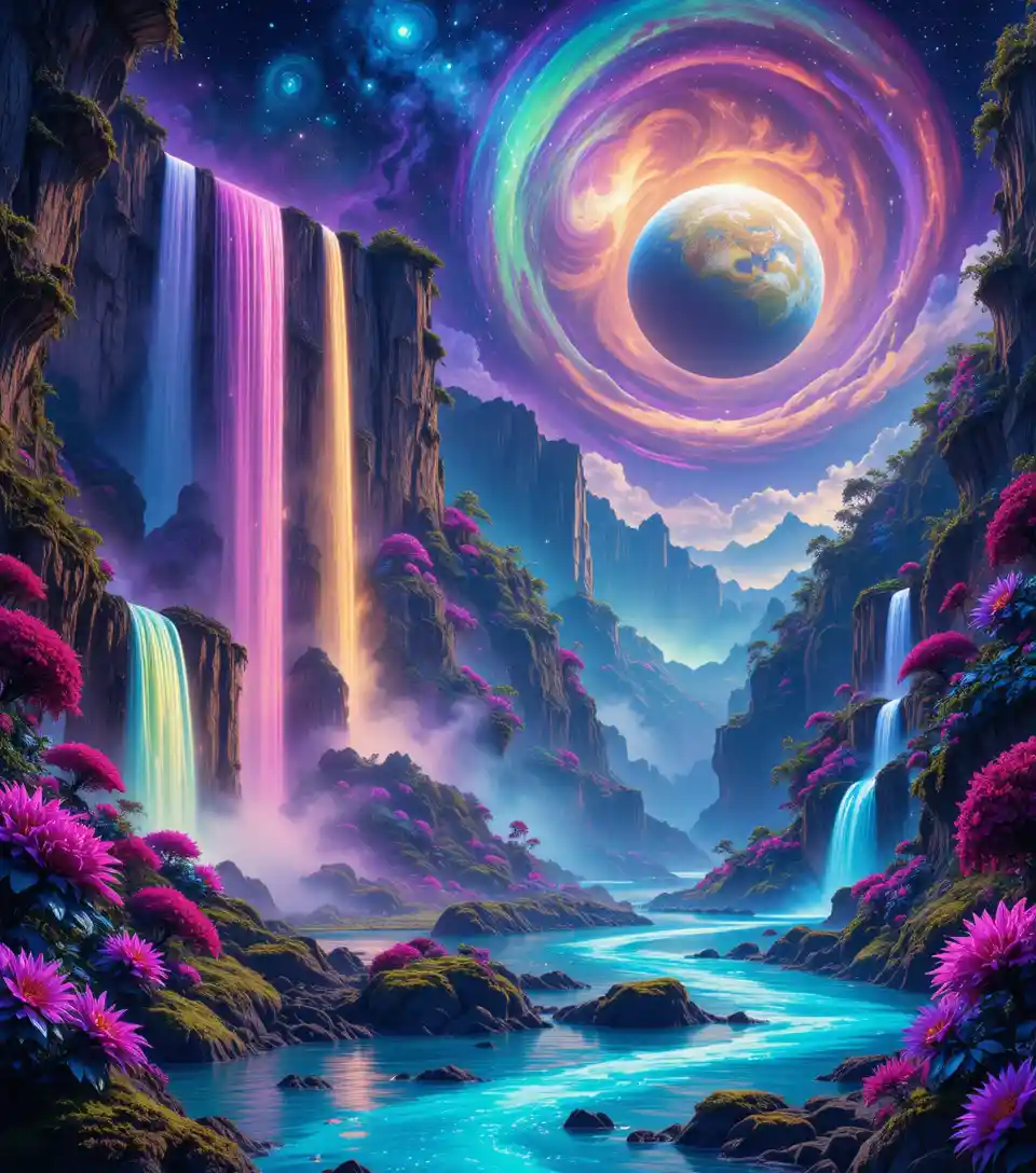 Psychedelic cliffside waterfalls in a glowing fantasy world