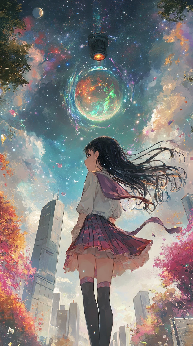 Anime girl floating in space with a colorful ringed planet