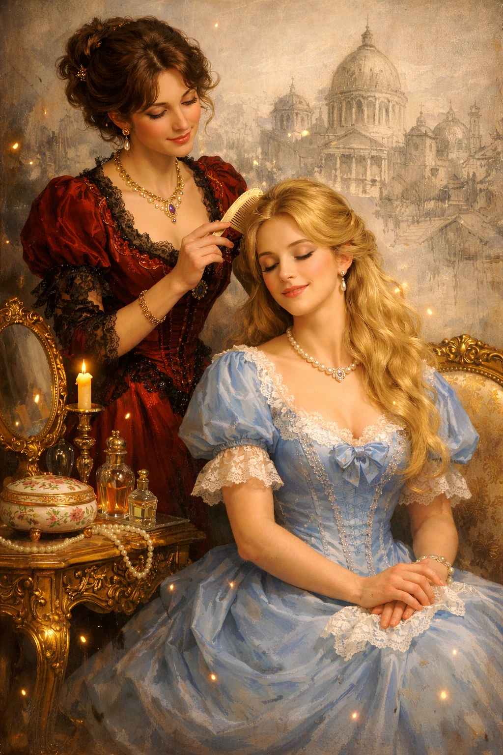 Two Victorian women sharing a tender hair combing moment