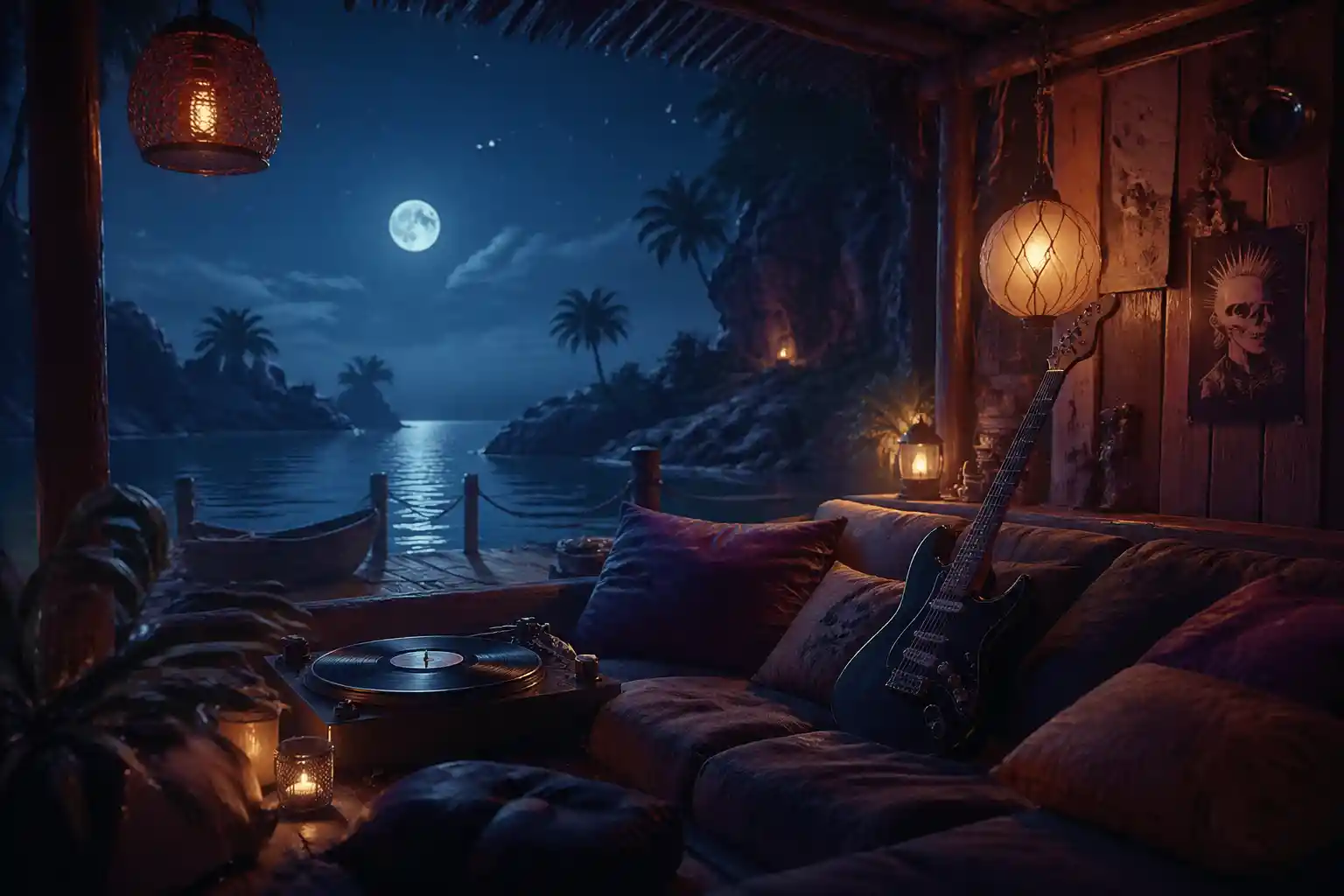 Midnight lagoon scene with relaxing lofi chill atmosphere
