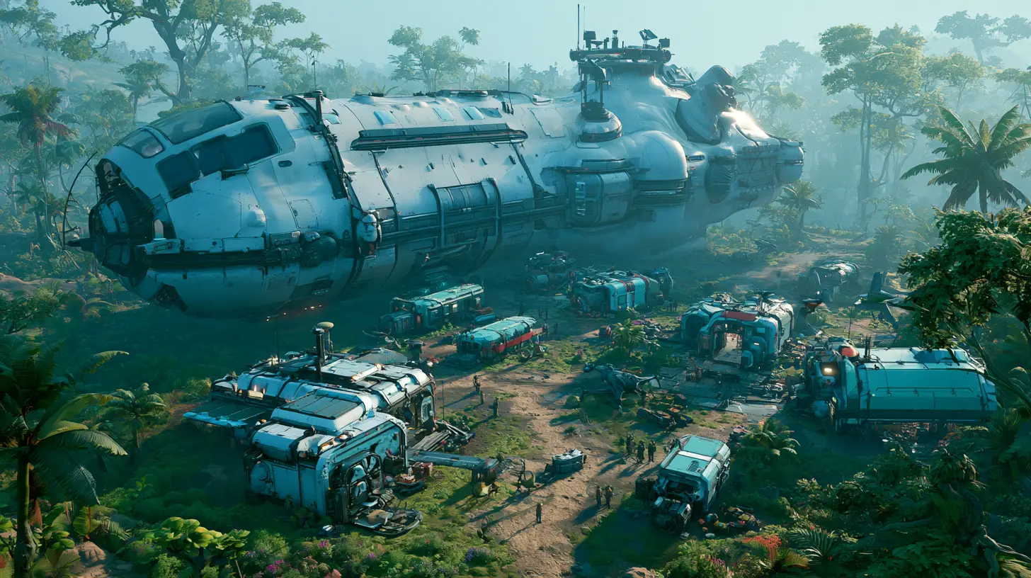 Alien supply ship unloading outpost on jungle planet