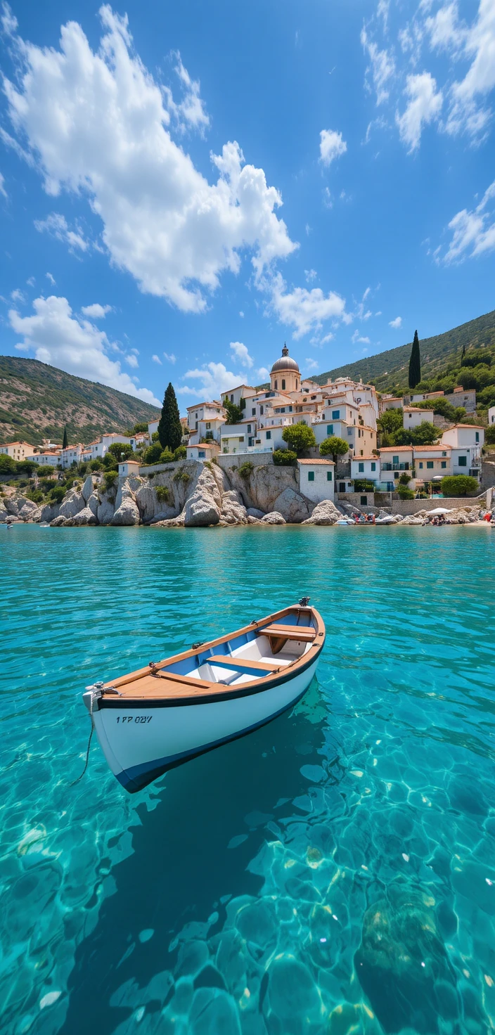 Small boat on clear turquoise water by coastal village