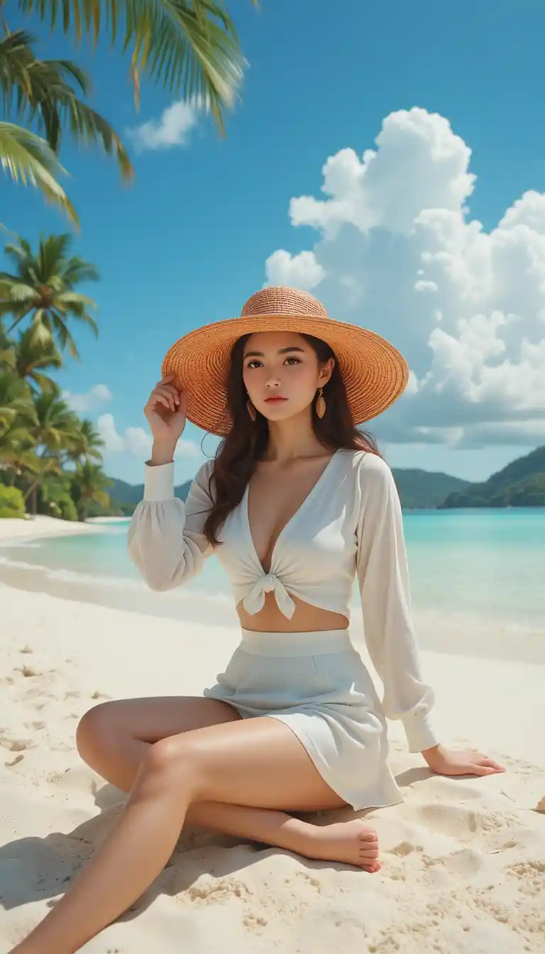 Woman relaxing on a tropical beach in vintage summer style