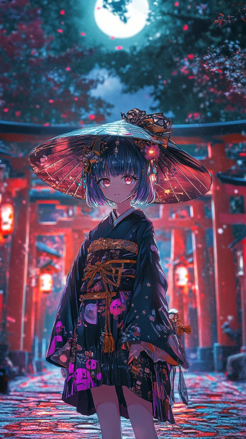 Joyful anime girl at a magical Halloween street party