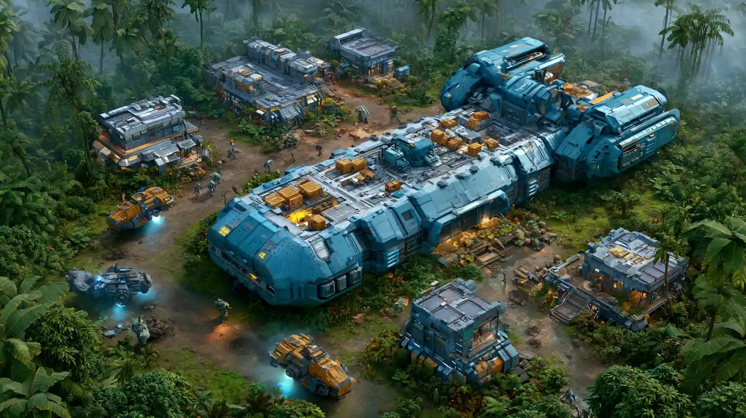 Gigantic alien supply ship unloading a jungle outpost