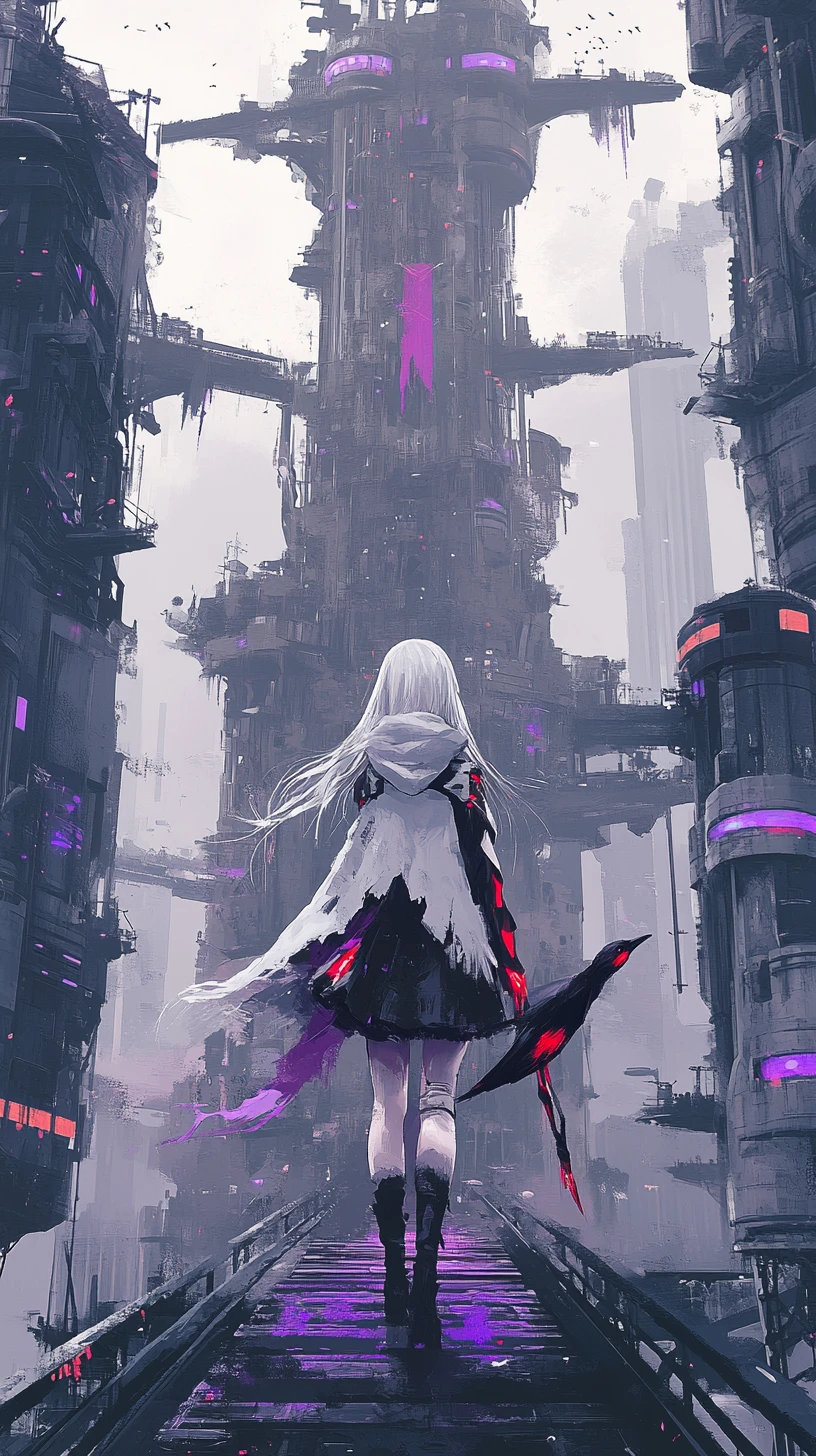 Anime girl with scythe crossing bridge to ruined fantasy castle