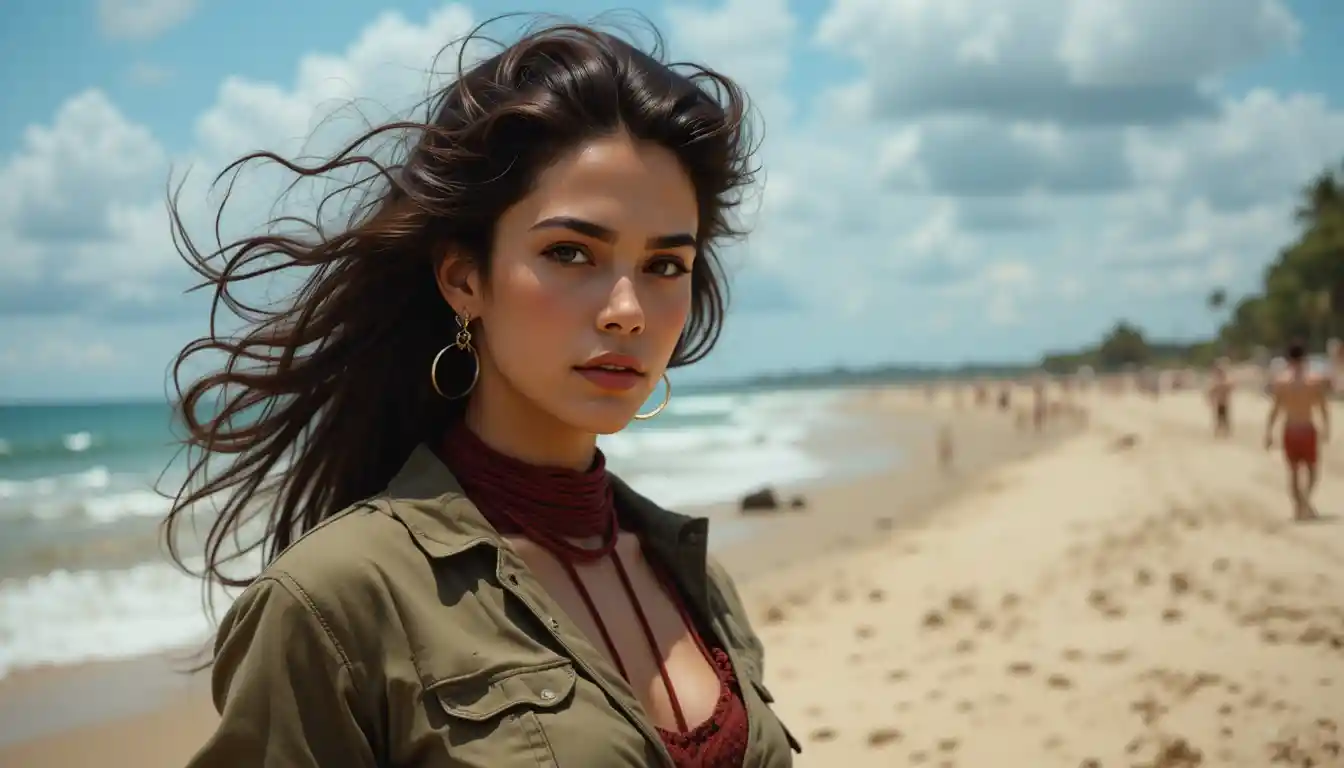 Cuban woman in torn military clothing on a sunny beach