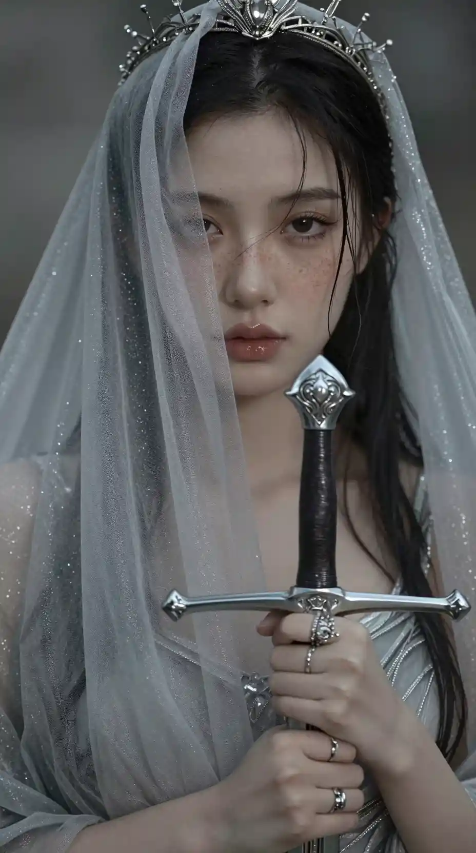 Veiled woman with silver crown holding ornate medieval sword