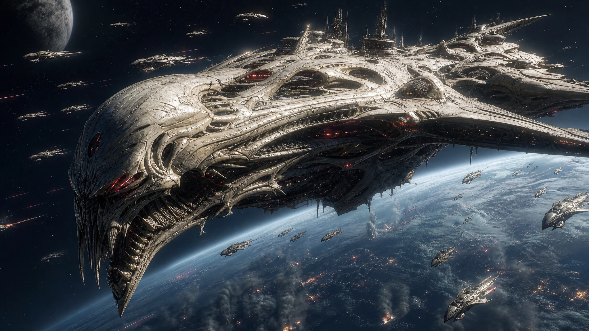Gigantic alien command ship leading invasion above blue planet