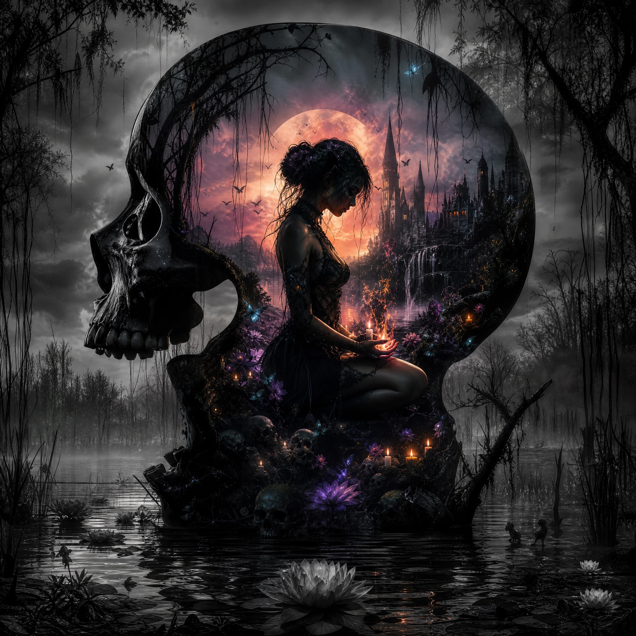 Mysterious Woman Kneeling Inside Floating Skull In Dark Swamp