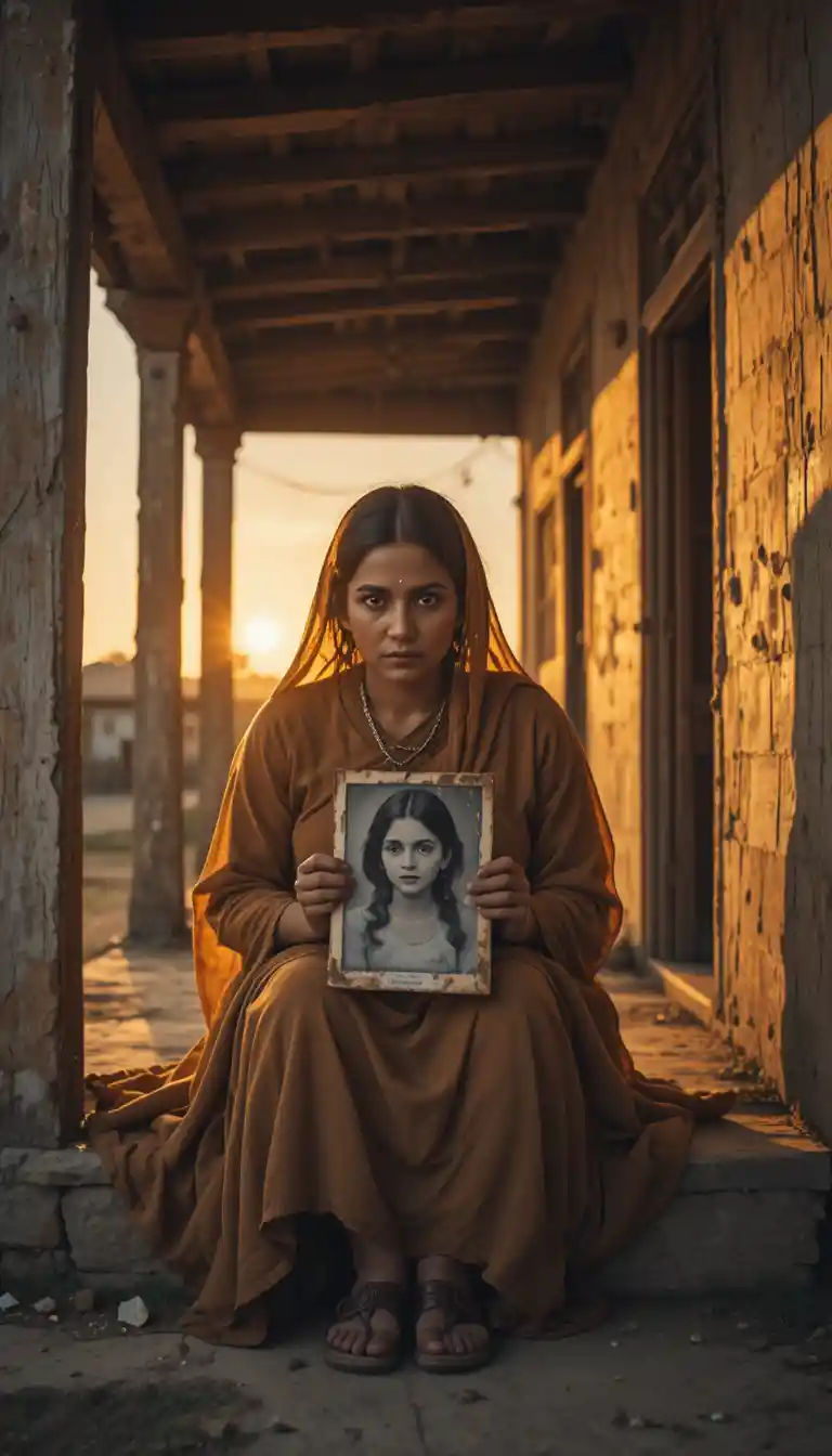 Pakistani mother grieving alone on a sunset porch