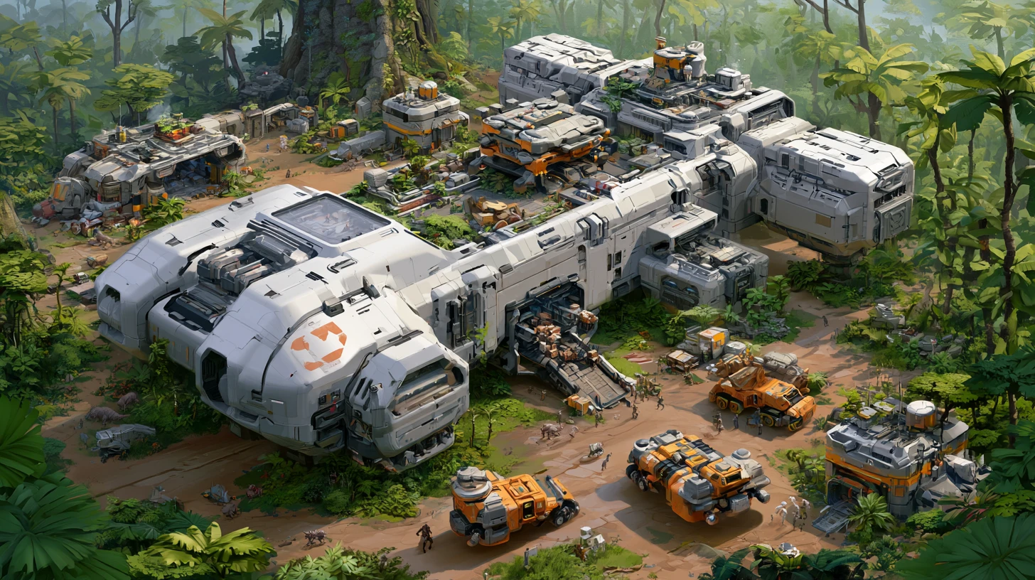 Alien Supply Ship Deploying Modular Outpost On Jungle World