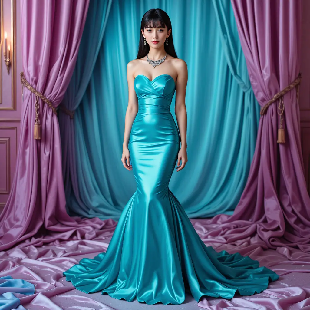 Elegant Japanese woman in glossy tosca satin mermaid gown