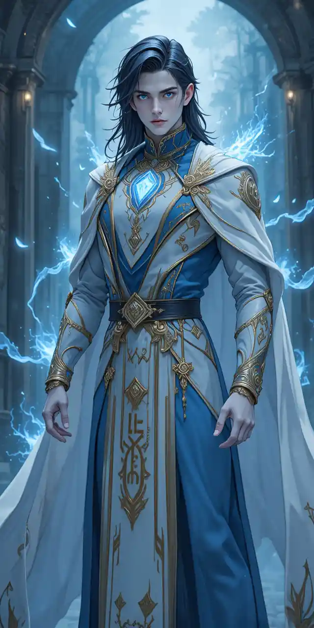 Elegant anime eliatrope man with glowing blue deer horns