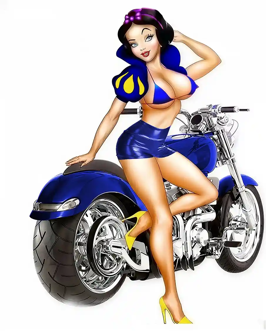 Stylized anime woman leaning on a shiny blue motorcycle