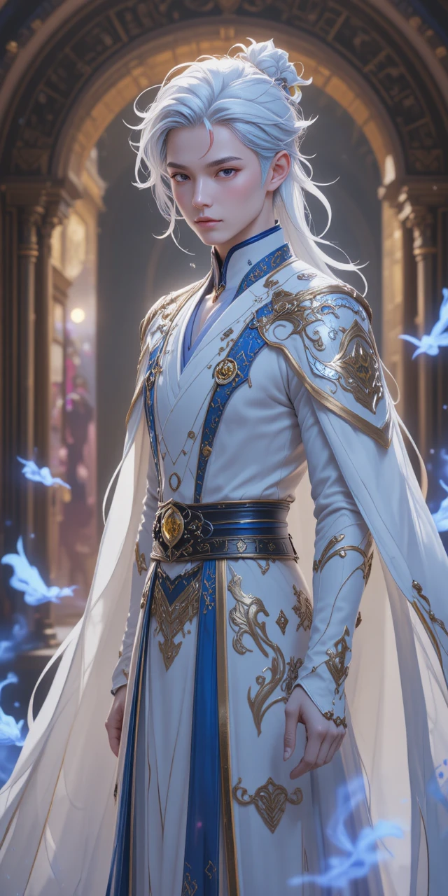 Elegant anime eliatrope man with glowing violet eyes