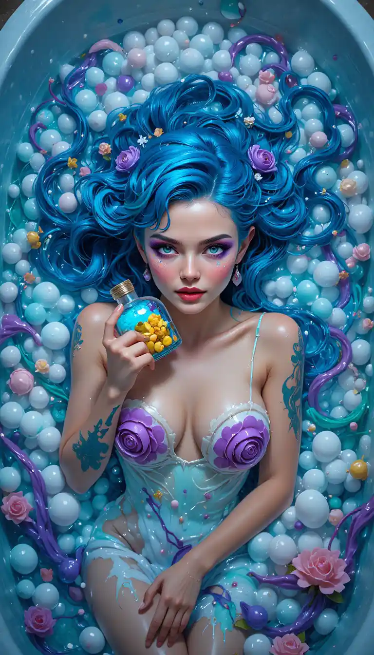 Donna anime dai capelli blu e dallo spirito giocoso in un colorato bagno di schiuma