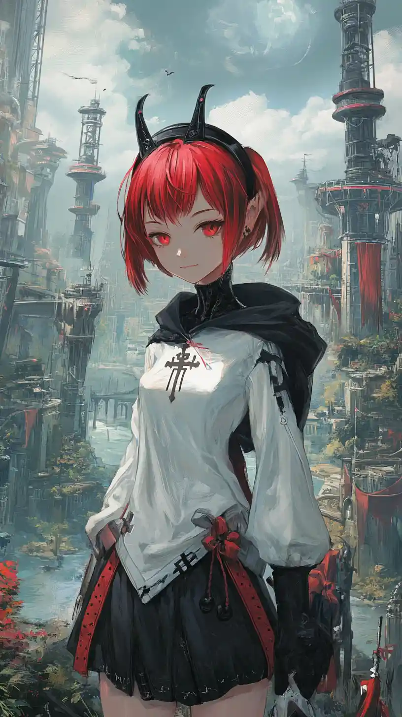 Anime-Mädchen mit Sense überquert Brücke zu zerstörter Fantasy-Burg