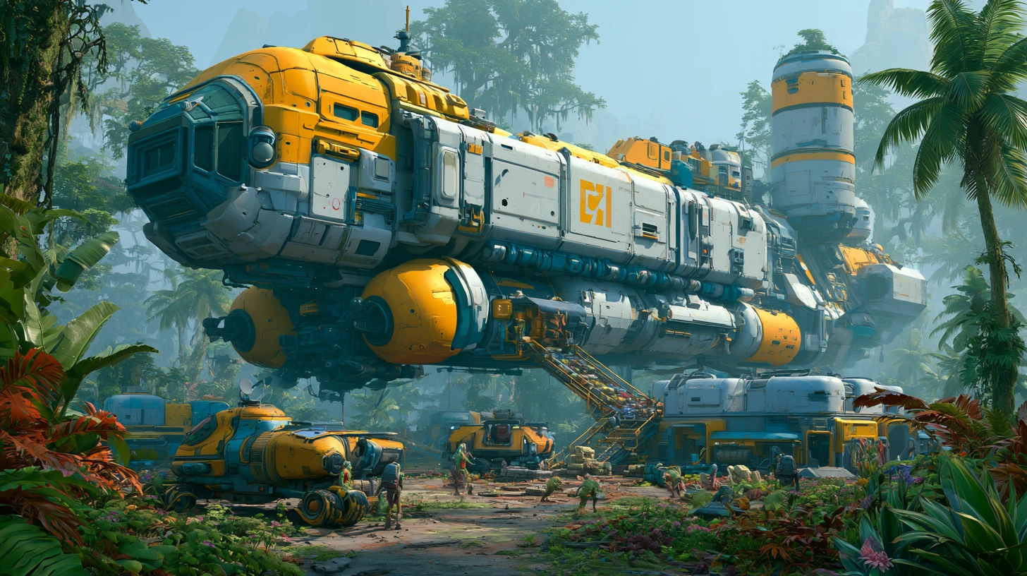 Gigantic alien supply ship unloading an outpost on jungle world
