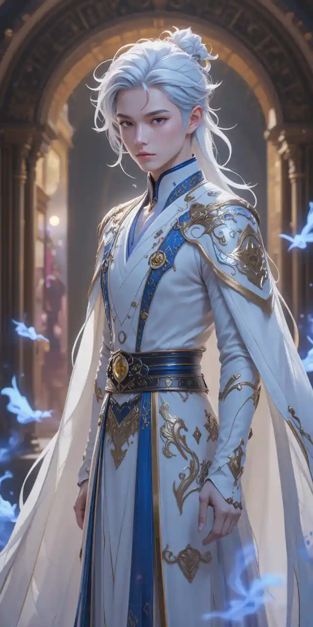 Elegant anime eliatrope man with glowing violet eyes